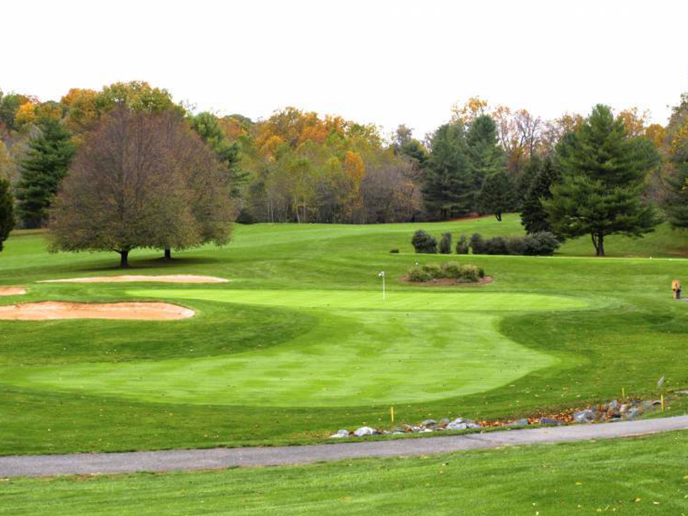 Cart path view of golf course fairway
